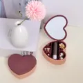Boîte à bijoux portable en forme de cœur avec miroir et compartiments en beige et marron bordeaux - Cœur / 10x9x3cm / Bordeaux Rose