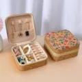 Compact vintage cork jewelry box with floral print for travel ring and necklace storage - Zipper Style - Sunflower Sea / 10x10x5cm