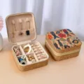 Vintage portable cork jewelry box with colorful fish print for travel ring and necklace storage - Zipper Style - Dreamy Floral / 10x10x5cm