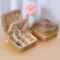 Portable square cork jewelry box with vintage mandala pattern and built-in vanity mirror - Mirror Style - Four-leaf Carpet / 10x10x5cm