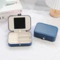 Premium navy blue PU leather jewelry box with internal mirror for rings and earrings - Dark Blue