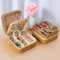 Luxury portable vintage cork jewelry box with mirror and colorful floral fish prints - Mirror Style - Dreamy Floral / 10x10x5cm