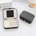 Elegant black PU leather travel jewelry box organizer with built-in mirror and velvet lining - Medium Drop-down Mirror Style / 16*11.5*5cm / Cross Pattern Black