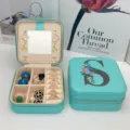 Boîte à bijoux portable en cuir PU avec miroir et motif floral lettre S imprimé - Impression Bleue S / 10*10*5cm