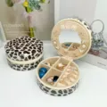 Tragbare runde Schmuckschatulle aus PU-Leder mit Leopardenmuster und Spiegel - Runder Spiegel-Stil / 10*10*5 / Leopardenprint