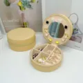Joyero redondo portátil de cuero PU con espejo y ranuras para anillos en beige. - Estilo Espejo Redondo / 10*10*5 / Beige