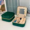 Tragbare dunkelgrüne Samt-Schmuckschatulle mit Spiegel und Multi-Fach-Ringaufbewahrung - Samt-Spiegelmodell - Dunkelgrün / 10x10x5cm