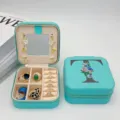 Boîte à bijoux en cuir PU bleu Tiffany portable avec miroir et impression florale lettre T - Impression Bleue T / 10*10*5cm