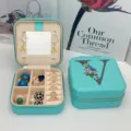 Boîte à bijoux portable en PU vert menthe avec imprimé floral V et miroir intégré - Impression Bleue V / 10*10*5cm