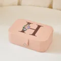 Elegante joyero portátil de cuero PU rosa con un elegante diseño de letra H floral - Mediano Doble Capa Estampado H / 16*11.5*5cm