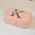 Joyero portátil de cuero PU rosa con estampado floral de la letra K y cierre de presión - Mediano Doble Capa Estampado K / 16*11.5*5cm
