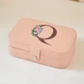 Joyero portátil de cuero PU rosa con estampado floral de letra Q y cierre de presión - Mediano Doble Capa Estampado Q / 16*11.5*5cm