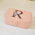 Joyero de viaje portátil de cuero PU rosa con elegante letra R floral impresa - Mediano Doble Capa Estampado R / 16*11.5*5cm