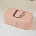 Joyero portátil de cuero PU rosa con estampado floral de la letra U para accesorios - Mediano Doble Capa Estampado U / 16*11.5*5cm