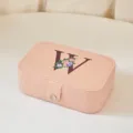Joyero compacto de cuero PU rosa con un elegante diseño de letra W con flores impresas - Mediano Doble Capa Estampado W / 16*11.5*5cm