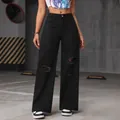 High-waisted women's black wide-leg ripped denim jeans with distressed knee details - XS / Bottoms / Black