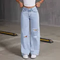 Stylish women's light blue ripped wide leg jeans with a relaxed fit and high waist. - 2XL / Bottoms / Light Blue