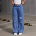 Loose light blue washed wide-leg jeans with ripped knee details and a high-waist fit - 2XL / Bottoms / Dark Blue