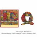 Detail view of 53cm twill scarf featuring Van Gogh Red House oil painting print - Red Houses Pattern / 53cm x 53cm