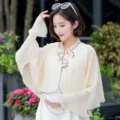 Châle de protection solaire en mousseline légère avec nœud élégant et bordure ondulée - 100-135CM / Beige