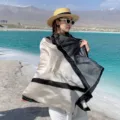 Elegant black and cream geometric silk-like shawl scarf for sun-safe beach vacation - V-Pattern Color Block / 180x90cm