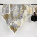 Detail of 90x90 square silk scarf with intricate jungle and architecture print - RY-05