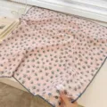Close-up of pink floral pure cotton square scarf featuring delicate navy blue lace edges - 68cm / Pink Pattern