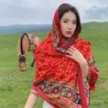 Traditional ethnic style red cotton linen shawl with vibrant floral embroidery patterns - 15