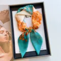 70cm floral print faux silk square scarf in turquoise and orange with abstract patterns - 70cmx70cm / Leafy Shade - Orange Blue