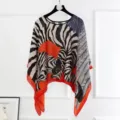 Elegant zebra and leaf print pullover poncho shawl for women with orange border details - Style 21