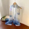 Elegant blue georgette long scarf with floral lotus print for women spring fashion - Blue Lotus / 160cm