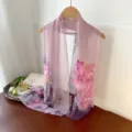 Elegant floral printed chiffon long scarf for women, lightweight summer sun shawl. - Purple Pink Lotus / 160cm