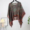 Elegant teal paisley print silk-like poncho shawl for sun protection and beachwear. - Style 9