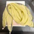 French style sheer yellow-green square scarf with elegant pearl pendants, 70cm - 68cm / Mustard Yellow
