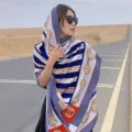 Ethnic style cotton linen scarf with blue stripes and chain print - L229
