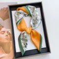 Elegant 70cm floral print silk-like square scarf in orange and green tones - 70cmx70cm / Patchwork Floral - Green Frame
