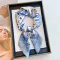 Blue and white botanical print imitation silk 70cm square scarf for neckerchief - 70cmx70cm / Blue And White Porcelain - Blue