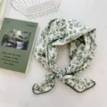 Green floral 100% cotton square scarf with delicate crochet lace trim for women - 68cm / Green Floral