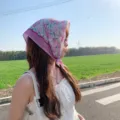 Floral pink cotton linen square scarf styled as head kerchief for outdoor spring look - Pink Large Flower (No. 15)