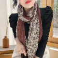Elegant floral crinkled cotton linen scarf with brown decorative borders for stylish women - Patchwork Printed Style / Star Flower Coffee