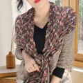 Vintage bohemian floral pleated cotton linen scarf thin shawl for women travel wrap - Patchwork Printed Style / Star Flower Khaki