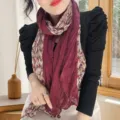 Burgundy floral pleated cotton-linen scarf shown on a model in a natural setting - Patchwork Printed Style / Star Flower Jujube Red
