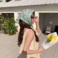Stylish green floral cotton linen square scarf for women worn as a soft headscarf - Korean Green Tiny Floral