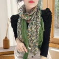 Artistic floral crinkled cotton linen scarf in green, perfect for an elegant look - Patchwork Printed Style / Star Flower Green