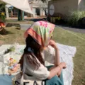 Fresh floral cotton linen square scarf for women worn as a bohemian headscarf bandana - Light Yellow Large Flower