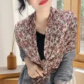 Floral pleated cotton linen scarf thin lightweight shawl for women with vintage style - Patchwork Printed Style / Star Flower Light Gray