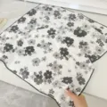 100% cotton square neck scarf with elegant black floral dot pattern and lace edge - 68cm / Small White Flower