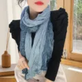 Elegant light blue floral pleated cotton linen scarf with soft texture for women - Paisley Print Style / 175cm / Dot Cashew Dark Blue