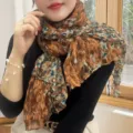 Vintage brown floral pleated cotton linen scarf worn as an elegant neck wrap for women - Floral Print Style / 175cm / Floral Orange