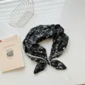 Black floral 100% cotton square scarf with white lace trim for women - 68cm / Black Small Floral